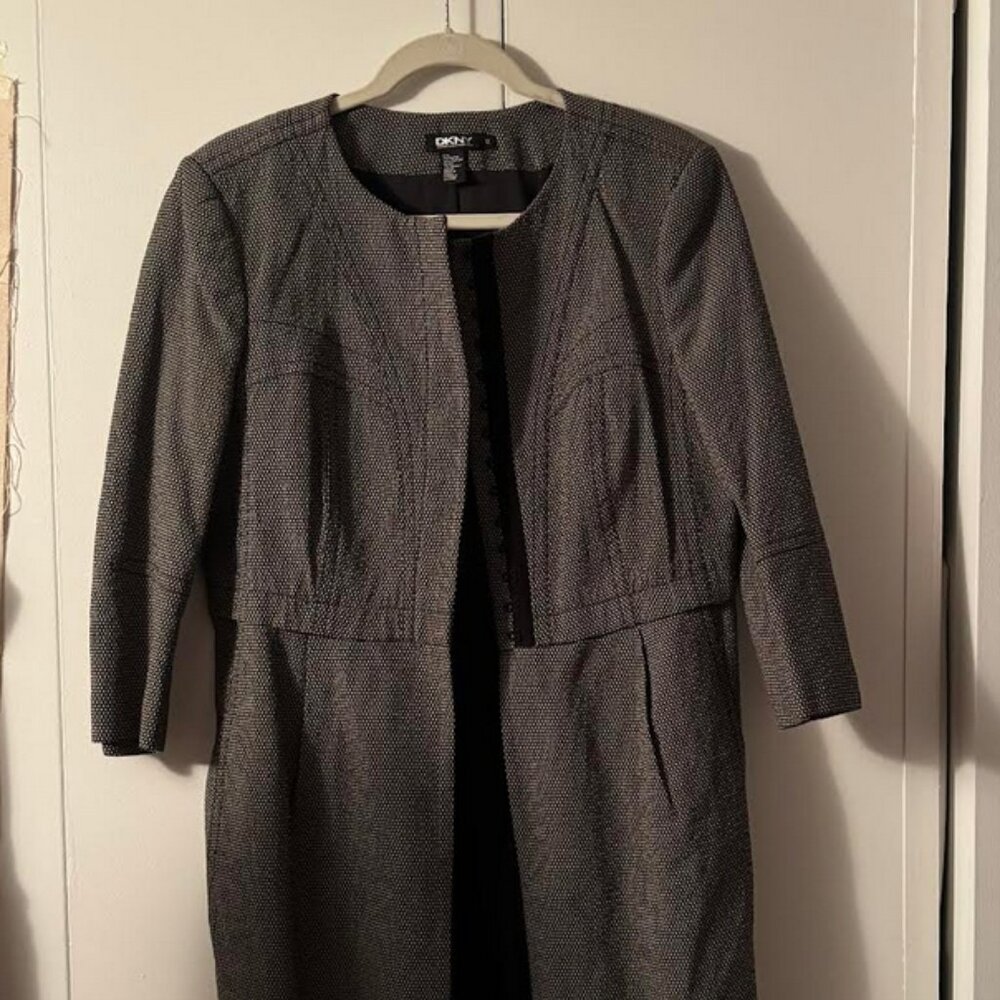 DKNY coat dress in black tweed with stich bust detail and hook and eye closing